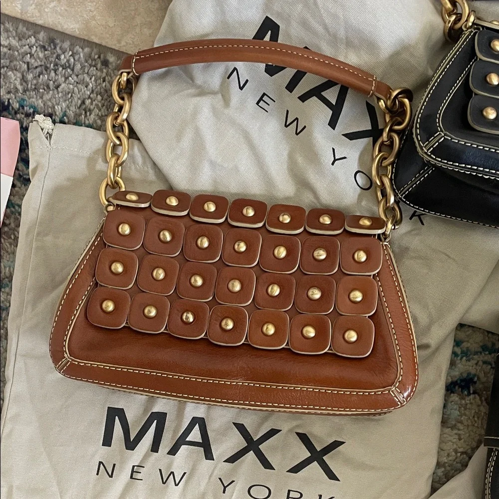 Maxx New York Leather cognac brown Gold chain  Studded Shoulder Bag